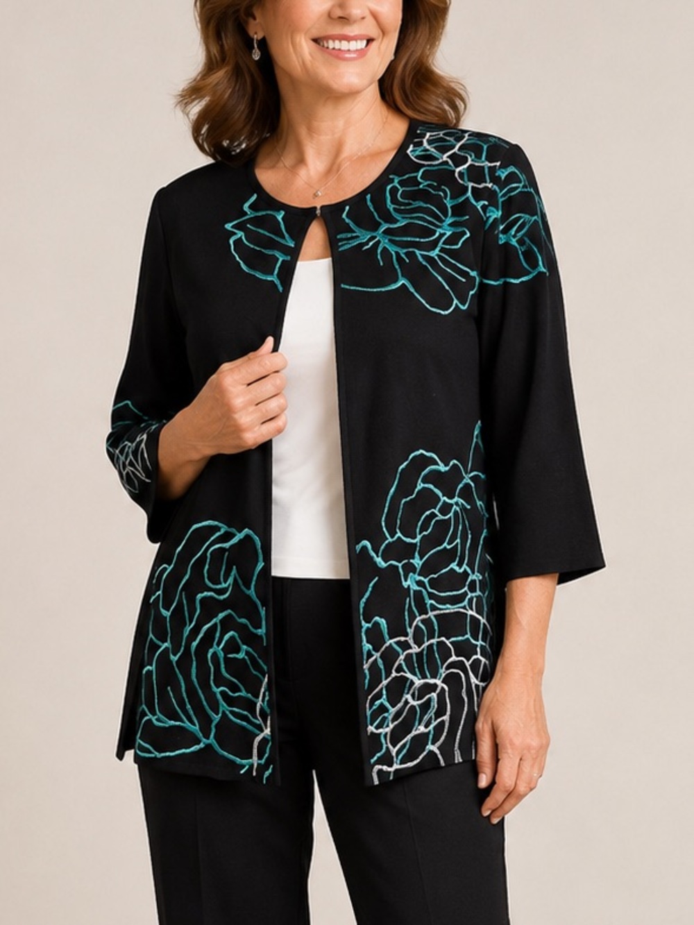 MING WANG Size XS Open Jacket Black Silver Blue Embroidery Floral Shoulder Pads